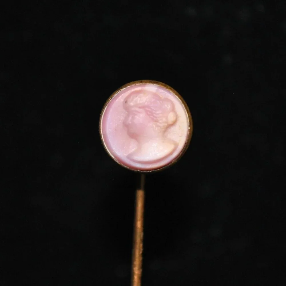 Antique Small Round Pink Glass Cameo Stick / Tie Pin